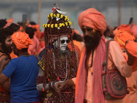 Indian Sadhus (Hindu holy men) gather during the Dharam Dhwaja (religious flag) ceremony at the Sangam area, ahead of the upcoming Maha Kumb...