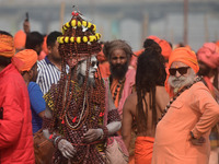 Indian Sadhus (Hindu holy men) gather during the Dharam Dhwaja (religious flag) ceremony at the Sangam area, ahead of the upcoming Maha Kumb...