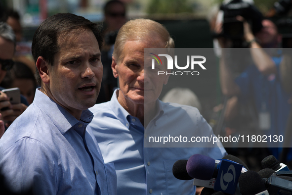 Senator Marco Rubio (R-Florida) and Senator Bill Nelson (D-Florida) address the media during the PULSE Massacre in Orlando, Florida, USA. Ru...