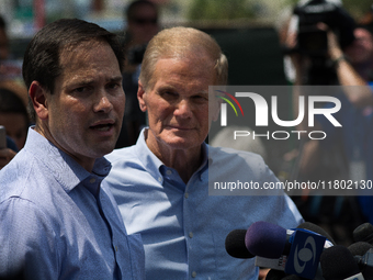 Senator Marco Rubio (R-Florida) and Senator Bill Nelson (D-Florida) address the media during the PULSE Massacre in Orlando, Florida, USA. Ru...