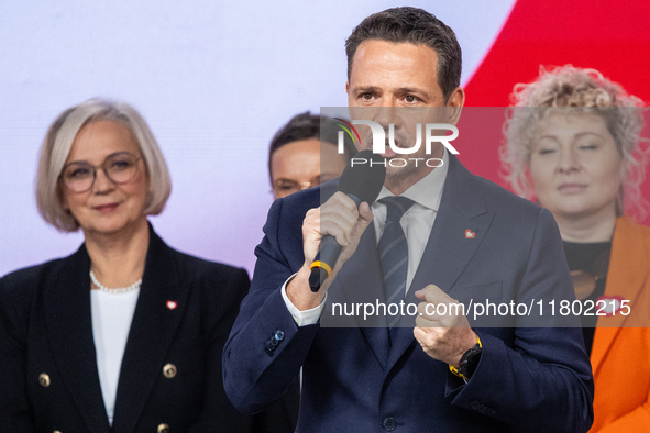 Warsaw Mayor Rafal Trzaskowski speaks to assembled party members after the announcement by the National Council of Civic Platform that he is...