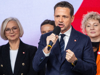 Warsaw Mayor Rafal Trzaskowski speaks to assembled party members after the announcement by the National Council of Civic Platform that he is...