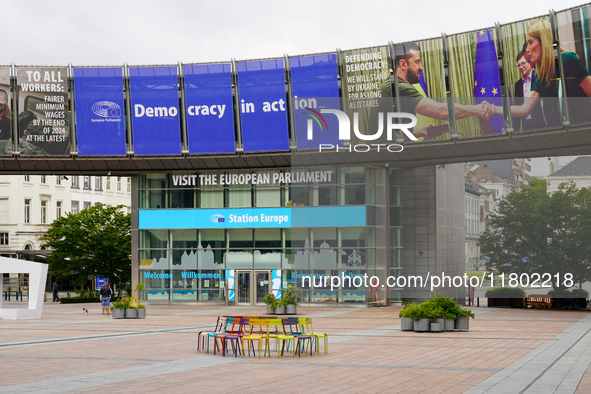 On July 30, 2023, in Brussels, Belgium, the European Parliament showcases its banners celebrating democracy and solidarity. Among the banner...