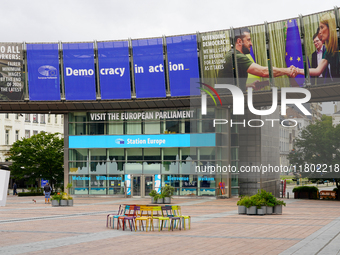 On July 30, 2023, in Brussels, Belgium, the European Parliament showcases its banners celebrating democracy and solidarity. Among the banner...