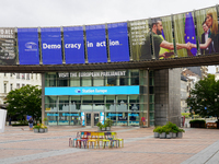 On July 30, 2023, in Brussels, Belgium, the European Parliament showcases its banners celebrating democracy and solidarity. Among the banner...