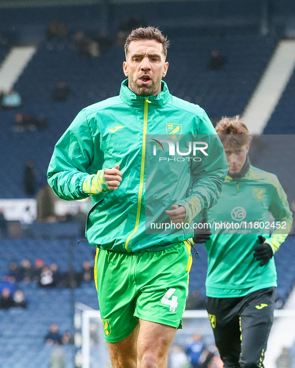 Shane Duffy of Norwich City warms up during the Sky Bet Championship match between West Bromwich Albion and Norwich City at The Hawthorns in...