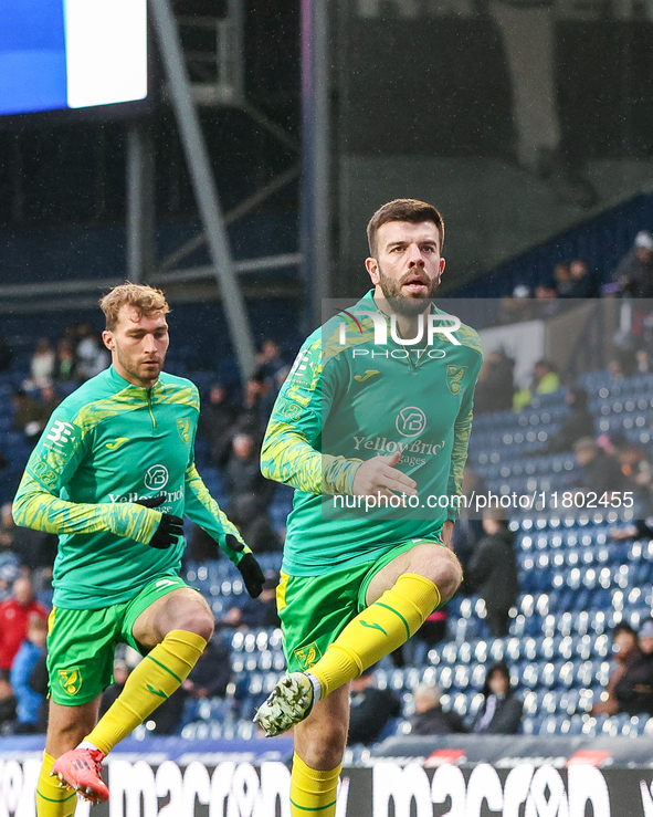 Grant Hanley of Norwich City warms up during the Sky Bet Championship match between West Bromwich Albion and Norwich City at The Hawthorns i...