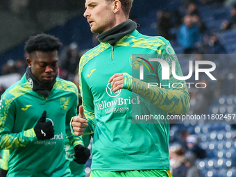 Jacob Lungi Sorensen of Norwich City warms up during the Sky Bet Championship match between West Bromwich Albion and Norwich City at The Haw...