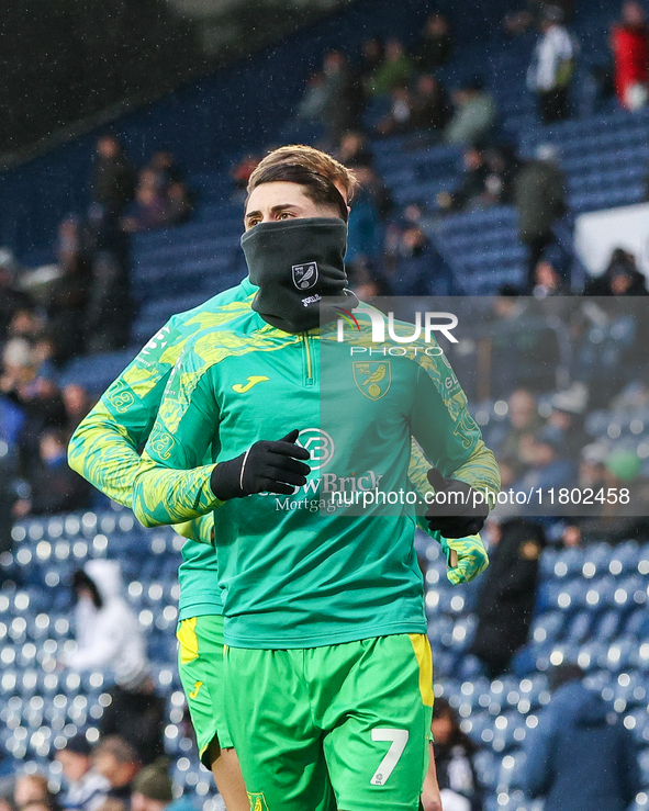 #7, Borja Sainz of Norwich City warms up during the Sky Bet Championship match between West Bromwich Albion and Norwich City at The Hawthorn...