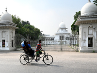 A rickshaw puller rides in front of the high court in Dhaka, Bangladesh, on November 23, 2024 (