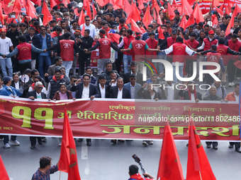 Leaders and cadres of the Communist Party of Nepal, a splinter group from the CPN-Maoist Center, rally in Kathmandu, Nepal, on November 23,...