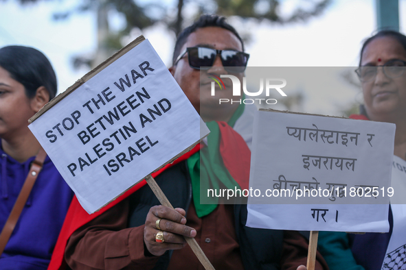 Nepali activists hold banners and placards with slogans demanding an end to Israel's aggression on Palestine during a demonstration in Kathm...