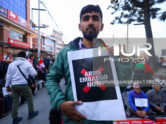 Nepali activists hold banners and placards with slogans demanding an end to Israel's aggression on Palestine during a demonstration in Kathm...