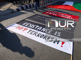 Nepali activists hold banners and placards with slogans demanding an end to Israel's aggression on Palestine during a demonstration in Kathm...