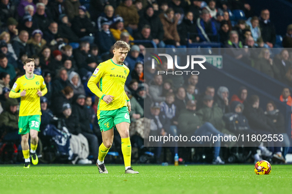 Callum Doyle of Norwich City is in action during the Sky Bet Championship match between West Bromwich Albion and Norwich City at The Hawthor...