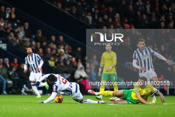 Josh Maja of WBA is brought down by Shane Duffy of Norwich City during the Sky Bet Championship match between West Bromwich Albion and Norwi...