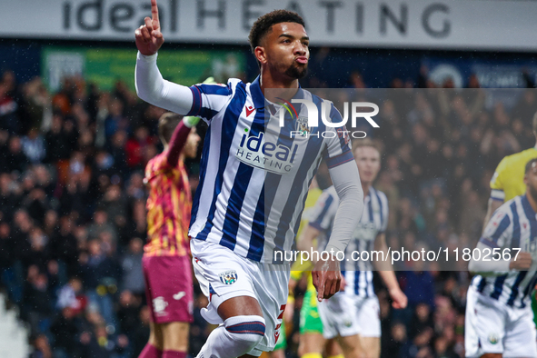 Mason Holgate of WBA celebrates his goal during the Sky Bet Championship match between West Bromwich Albion and Norwich City at The Hawthorn...