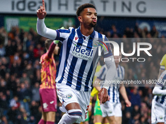 Mason Holgate of WBA celebrates his goal during the Sky Bet Championship match between West Bromwich Albion and Norwich City at The Hawthorn...