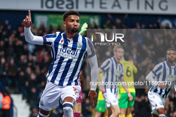 Mason Holgate of WBA celebrates his goal during the Sky Bet Championship match between West Bromwich Albion and Norwich City at The Hawthorn...