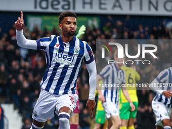 Mason Holgate of WBA celebrates his goal during the Sky Bet Championship match between West Bromwich Albion and Norwich City at The Hawthorn...