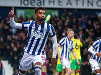 Mason Holgate of WBA celebrates his goal during the Sky Bet Championship match between West Bromwich Albion and Norwich City at The Hawthorn...