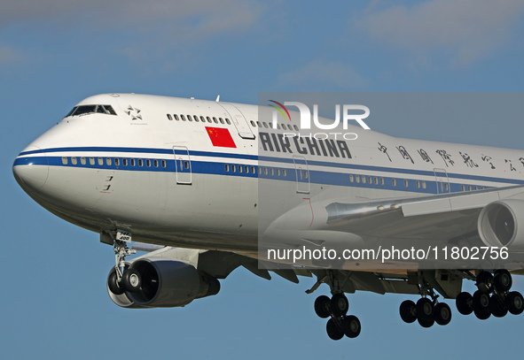 A Boeing 747-4J6 of the Air China company lands in Barcelona, Spain, on November 23, 2024, carrying Zhao Leji, President of the National Ass...