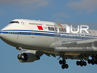 A Boeing 747-4J6 of the Air China company lands in Barcelona, Spain, on November 23, 2024, carrying Zhao Leji, President of the National Ass...