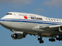 A Boeing 747-4J6 of the Air China company lands in Barcelona, Spain, on November 23, 2024, carrying Zhao Leji, President of the National Ass...