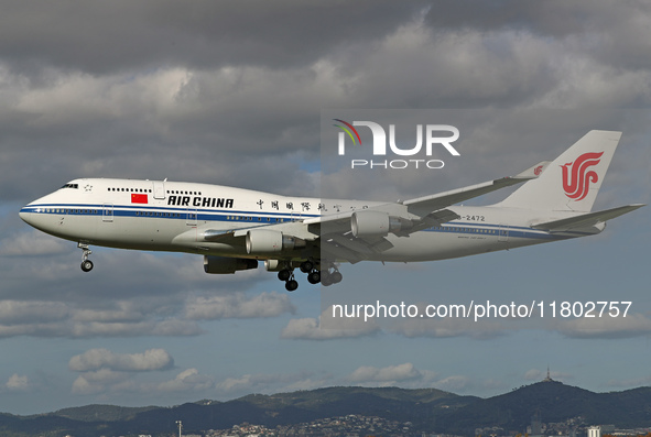 A Boeing 747-4J6 of the Air China company lands in Barcelona, Spain, on November 23, 2024, carrying Zhao Leji, President of the National Ass...