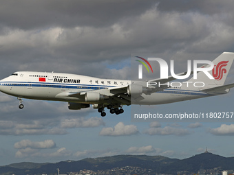 A Boeing 747-4J6 of the Air China company lands in Barcelona, Spain, on November 23, 2024, carrying Zhao Leji, President of the National Ass...