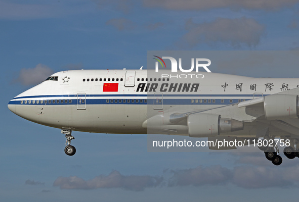 A Boeing 747-4J6 of the Air China company lands in Barcelona, Spain, on November 23, 2024, carrying Zhao Leji, President of the National Ass...