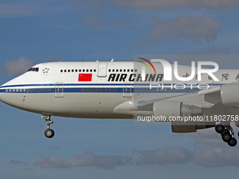 A Boeing 747-4J6 of the Air China company lands in Barcelona, Spain, on November 23, 2024, carrying Zhao Leji, President of the National Ass...