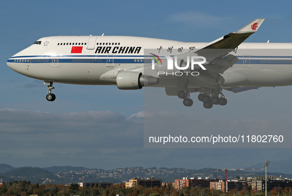 A Boeing 747-4J6 of the Air China company lands in Barcelona, Spain, on November 23, 2024, carrying Zhao Leji, President of the National Ass...