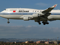 A Boeing 747-4J6 of the Air China company lands in Barcelona, Spain, on November 23, 2024, carrying Zhao Leji, President of the National Ass...