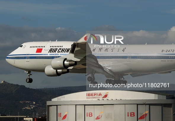 A Boeing 747-4J6 of the Air China company lands in Barcelona, Spain, on November 23, 2024, carrying Zhao Leji, President of the National Ass...