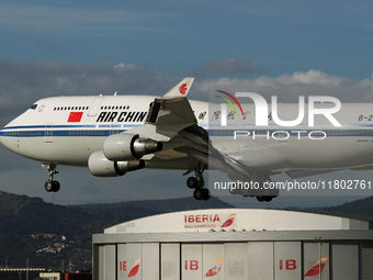 A Boeing 747-4J6 of the Air China company lands in Barcelona, Spain, on November 23, 2024, carrying Zhao Leji, President of the National Ass...