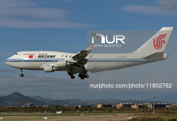 A Boeing 747-4J6 of the Air China company lands in Barcelona, Spain, on November 23, 2024, carrying Zhao Leji, President of the National Ass...