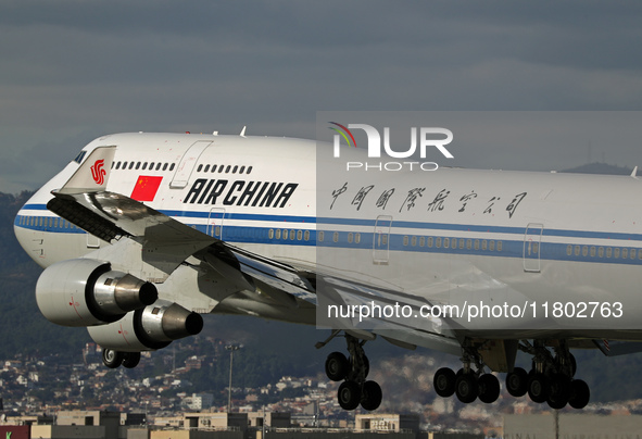 A Boeing 747-4J6 of the Air China company lands in Barcelona, Spain, on November 23, 2024, carrying Zhao Leji, President of the National Ass...