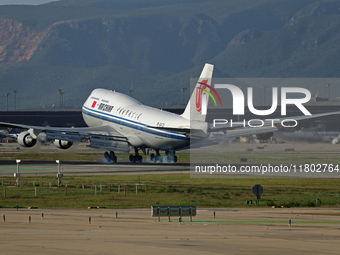 A Boeing 747-4J6 of the Air China company lands in Barcelona, Spain, on November 23, 2024, carrying Zhao Leji, President of the National Ass...