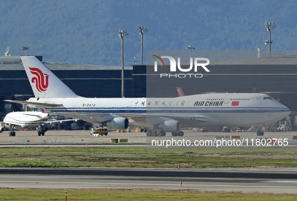 A Boeing 747-4J6 of the Air China company lands in Barcelona, Spain, on November 23, 2024, carrying Zhao Leji, President of the National Ass...