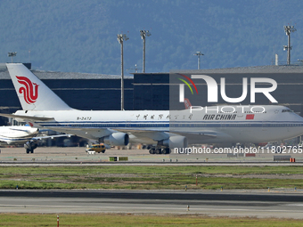 A Boeing 747-4J6 of the Air China company lands in Barcelona, Spain, on November 23, 2024, carrying Zhao Leji, President of the National Ass...