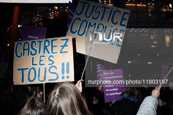 A demonstrator holds a placard reading ''justice complice'' during a protest to condemn violence against women, organized by feminist organi...