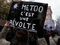 A demonstrator holds a placard reading ''metoo is a revolt'' during a protest to condemn violence against women, called by feminist organiza...