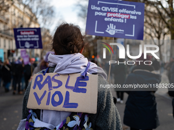 A demonstrator holds a placard reading ''no more rape'' during a protest to condemn violence against women, called by feminist organizations...