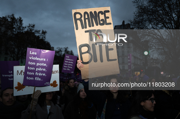 A demonstrator holds a placard reading ''put your cock away'' during a protest to condemn violence against women, called by feminist organiz...