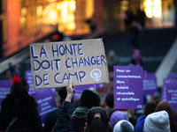 A demonstrator holds a placard reading ''shame must change sides'' during a protest to condemn violence against women, organized by feminist...