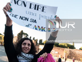 Women participate in a demonstration prior to the 'International Day for the Elimination of Violence against Women' in Rome, Italy, on Novem...