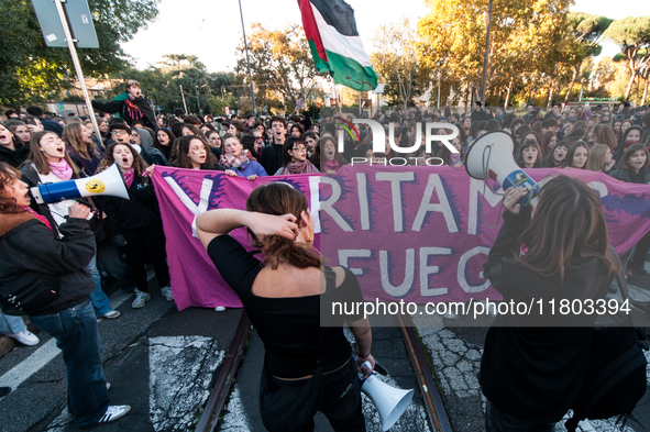 Women participate in a demonstration prior to the 'International Day for the Elimination of Violence against Women' in Rome, Italy, on Novem...