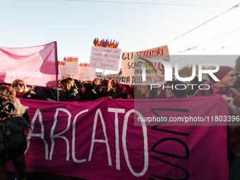 Women participate in a demonstration prior to the 'International Day for the Elimination of Violence against Women' in Rome, Italy, on Novem...