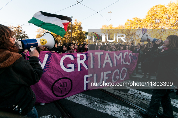 Women participate in a demonstration prior to the 'International Day for the Elimination of Violence against Women' in Rome, Italy, on Novem...